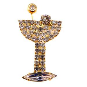 Rhinestone Martini Glass Gold Tone Metal Brooch Pin